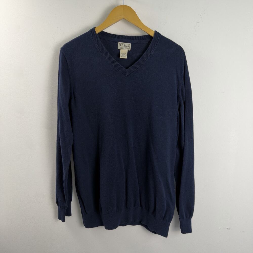LL Bean Navy Blue Cotton Cashmere Blend V Neck Sweater Size L Tall